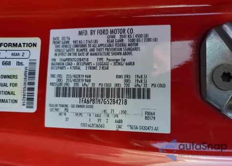 2016 Ford Mustang z USA, uszkodzony, nr VIN 1FA6P8TH7G5284218